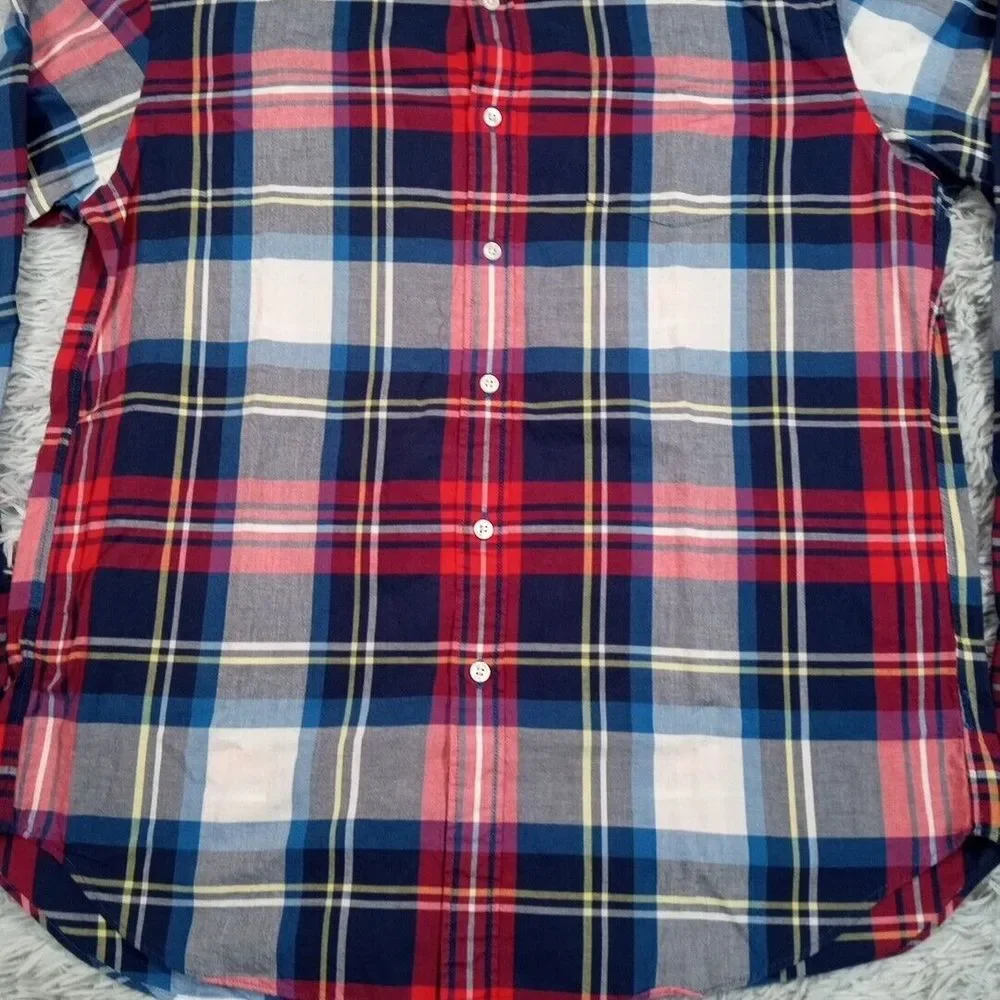 J. Crew Shirt Mens L Blue Woven Preppy Career Casual Plaid Pocket Button Up‎